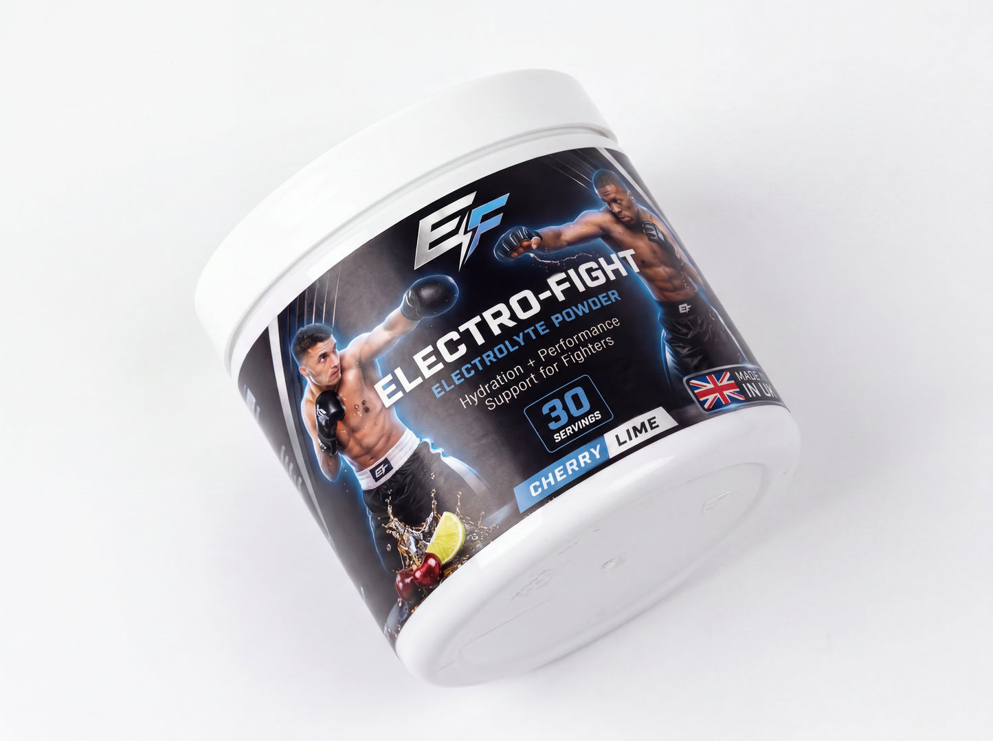 A white plastic tub of Electro-Fight Electrolyte Powder in Cherry Lime flavor, shown at an angle on a clean white background.