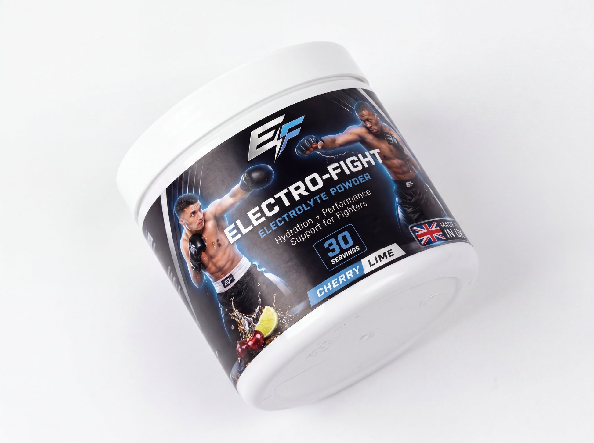A white plastic tub of Electro-Fight Electrolyte Powder in Cherry Lime flavor, shown at an angle on a clean white background.