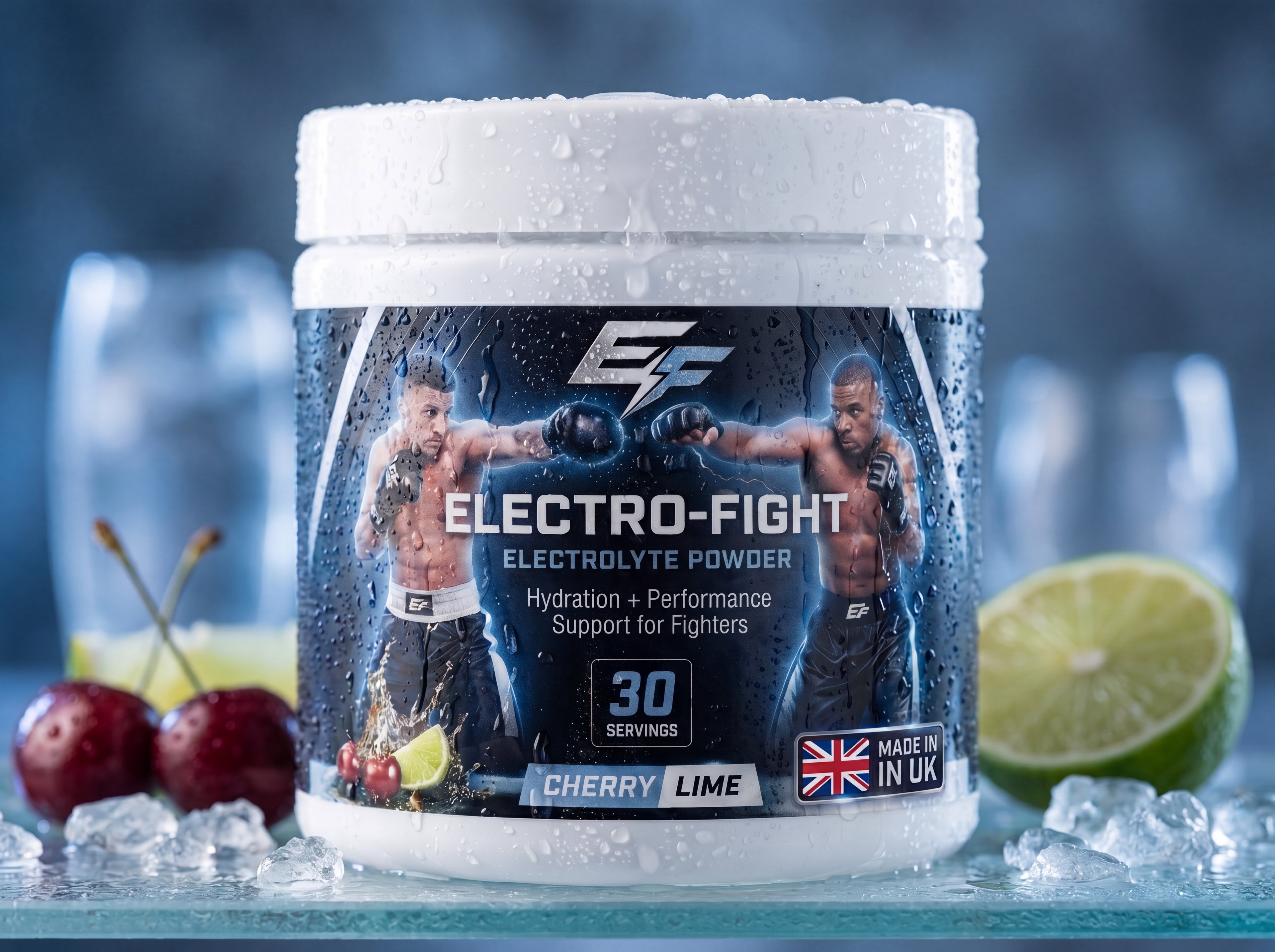 A tub of Electro-Fight electrolyte powder in Cherry Lime flavor, styled on a reflective icy surface with cherries, ice cubes, and a lime slice against a cool blue background.